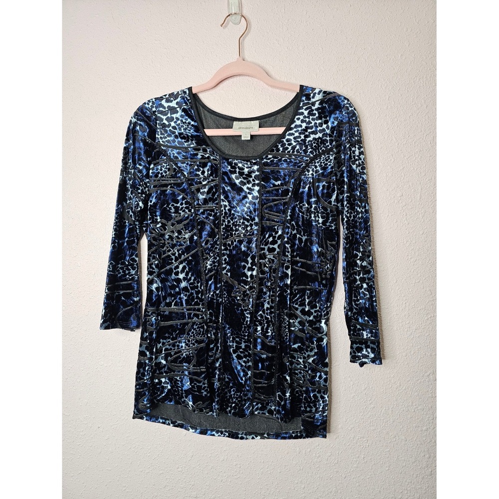 Dressbarn Womens Blue Black Leopard Burnout Velvet Scoop Neck 3/4 Sleeve Top L